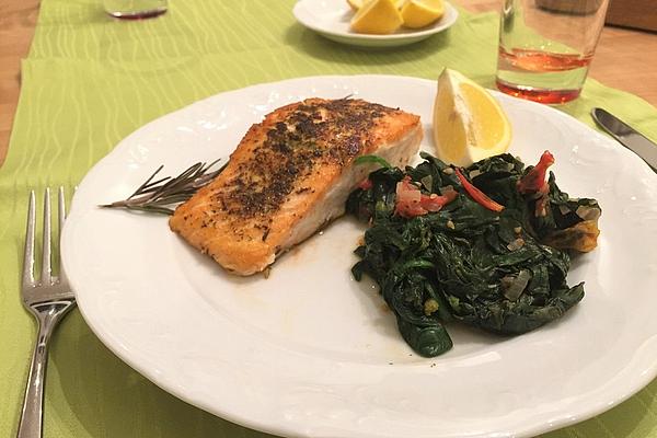 Salmon with Spinach Leaves