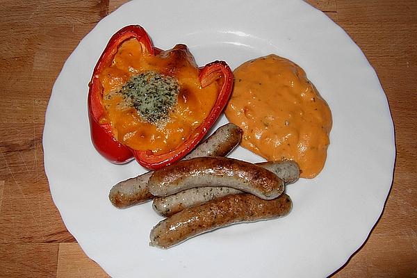 Sausages with Potato Pesto in Bell Pepper on Rapunzel Salad