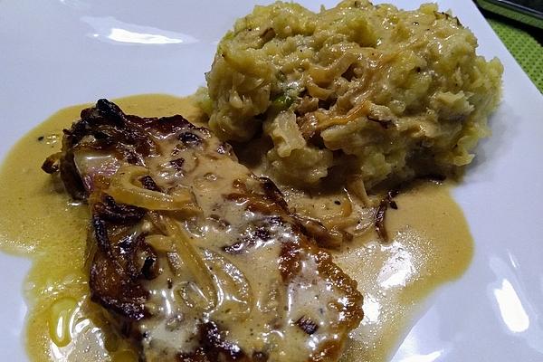 Savoy Cabbage and Potato Mash with Smoked Pork in Onion, Honey and Mustard Sauce