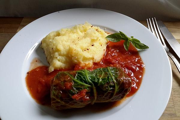 Savoy Cabbage Roulade with Nut and Feta Filling and Tomato Sauce