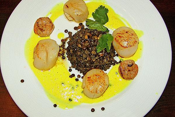 Scallops and Scampi with Beluga Lentils on Curry Foam