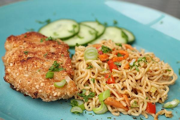 Schnitzel with Peanut Breading and Vegetable Mie Noodles