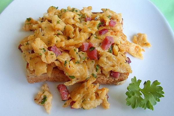 Scrambled Eggs with Ham or Bacon on Egg Waffle and Toast