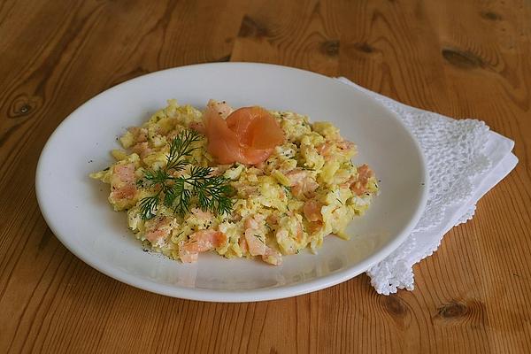 Scrambled Eggs with Smoked Salmon, Goat Cream Cheese and Dill