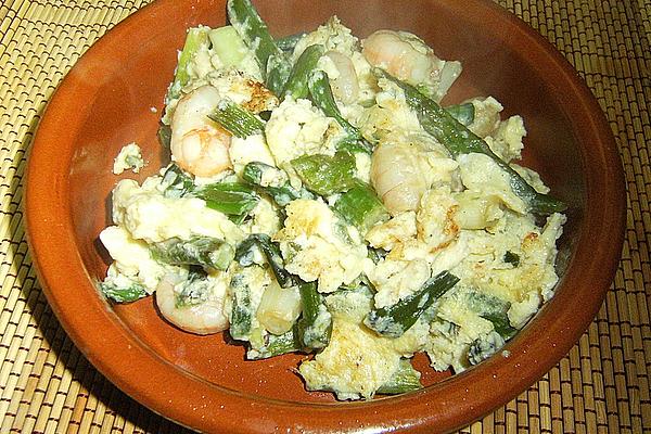 Scrambled Eggs with Young Garlic, Green Asparagus and Prawns or Prawns