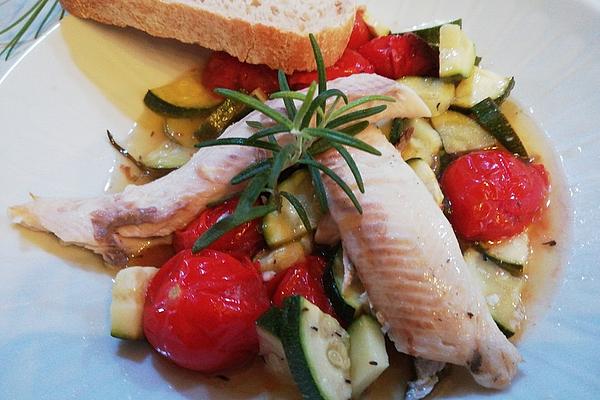 Sea Bass with Cherry Tomatoes and Zucchini