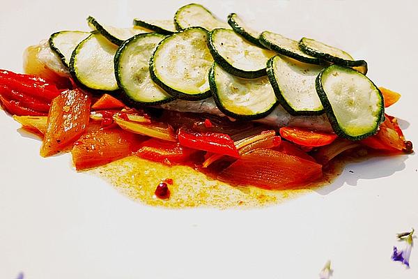 Sea Bream Fillet with Zucchini Flakes on Marinated Vegetables