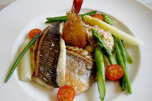 Sea Bream Fillets Fried on Skin with Smoked Shrimp on Asparagus Risotto, Beans and Tomatoes