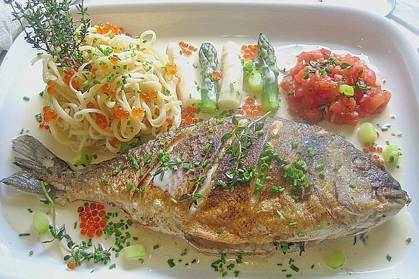 Sea Bream in White Wine Sauce with Linguines, Asparagus and Tomato Concassé
