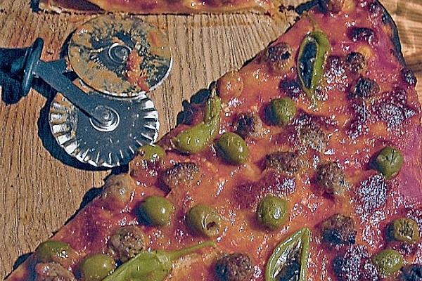 Sivi`s Sausage Pizza with Olives and Peppers