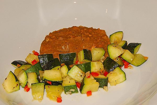 Smokeys Garlic and Zucchini Cubes on Red Lentil Puree