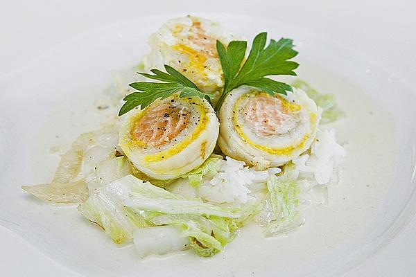 Sole and Salmon Roulade on Fried Chinese Cabbage in Lime Sauce