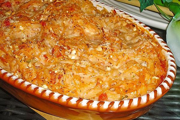 Spaghetti Casserole with Cottage Cheese and Tomatoes