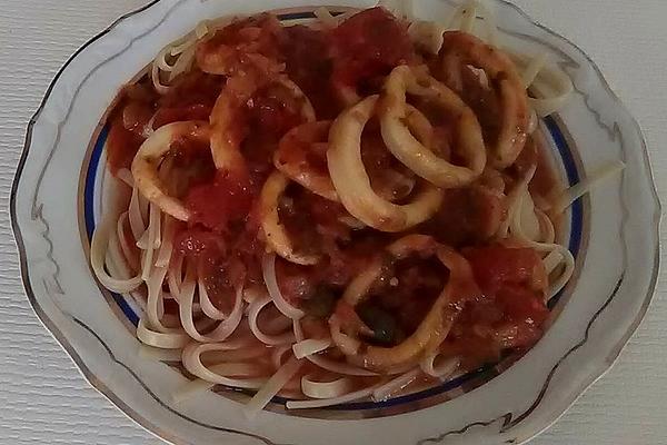 Spaghetti Puttanesca with Squid Rings