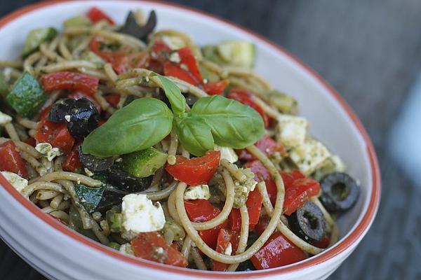 Spaghetti Salad with Pesto and Sheep Cheese