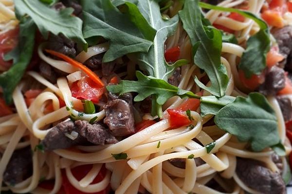 Spaghetti with Beef Fillet on Rocket