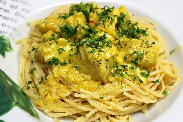 Spaghetti with Cod Fillet in Mustard, Saffron and Cream Sauce