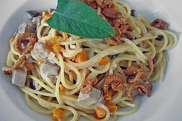 Spaghetti with Duck Breast, Sage and Bell Pepper