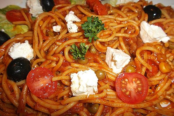 Spaghetti with Olives and Capers in Tomato Sauce with Feta