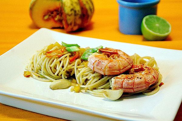 Spaghetti with Pumpkin, Lime and Prawns