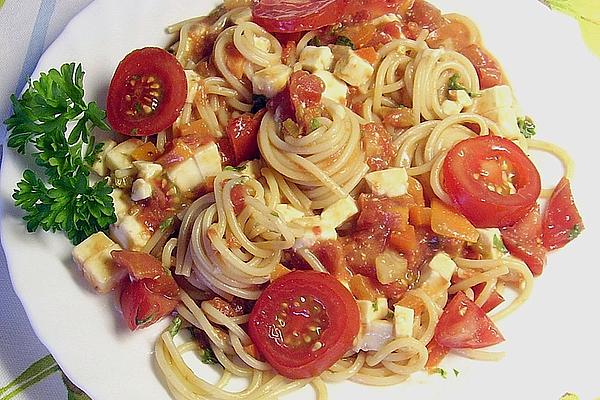 Spaghetti with Red Pesto and Sheep Cheese