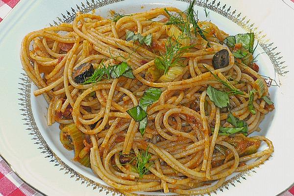 Spaghetti with Red Pesto, Fennel and Black Olives