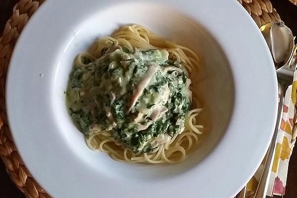 Spaghetti with Spinach and Ham Sauce