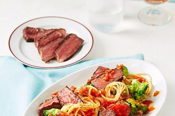 Spaghetti with Tomato and Caper Sambal and Steak Strips