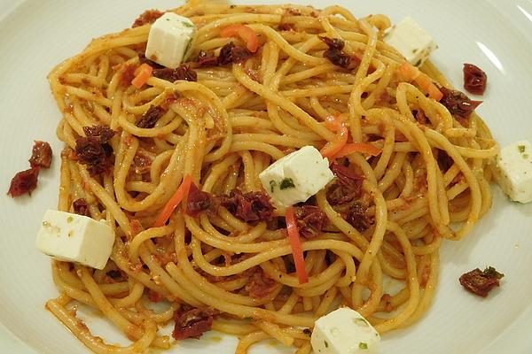 Spaghetti with Tomato and Sheep Cheese Pesto