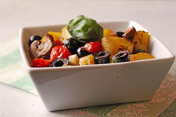 Spicy Baked Potatoes with Olives, Mushrooms, Cherry Tomatoes and Basil