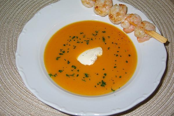 Spicy Carrot Soup with Prawn Skewers