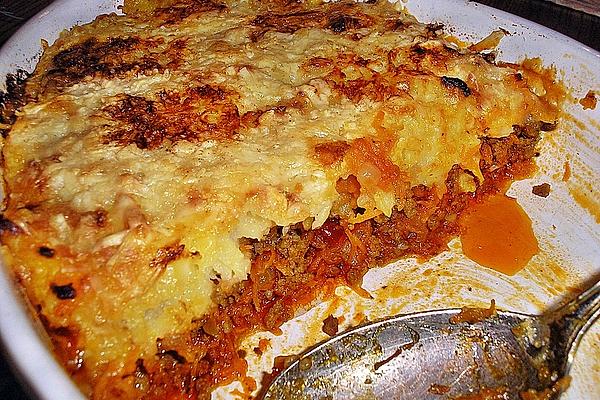 Spicy Casserole with Minced Meat, Carrots and Mashed Potatoes