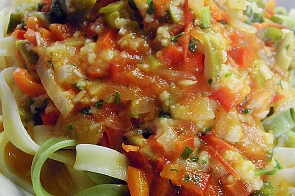 Spicy Spaghetti with Sheep Cheese and Vegetables