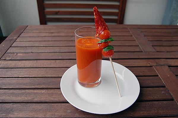 Spicy Tomato Soup with Salami Skewer