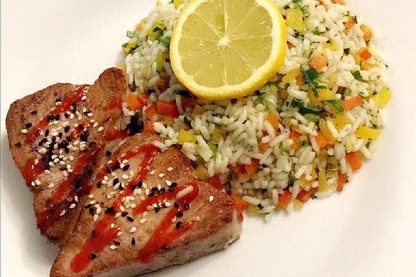 Spicy Tuna Medallions with Vegetable Rice