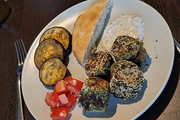 Spinach Falafel with Oven Aubergines and Mint Yoghurt
