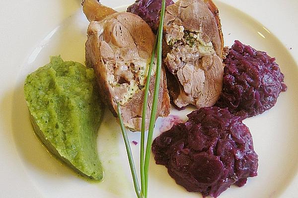 Stuffed Leg Of Duck with Green Celery Puree and Red Cabbage