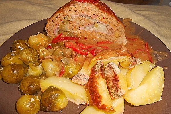 Stuffed Meatloaf with Potatoes and Brussels Sprouts from Oven