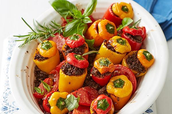 Stuffed Mini Peppers on Tomato Bed