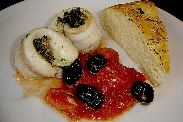 Stuffed Plaice Rolls on Tomatoes with Toasted Baguette