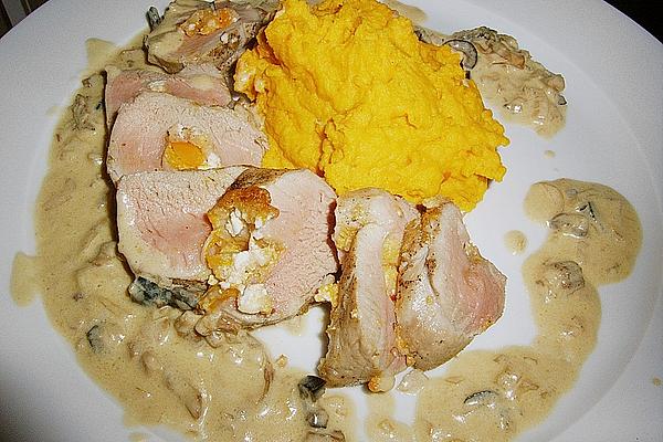 Stuffed Pork Fillet with Pumpkin Puree and Porcini and Olive Sauce