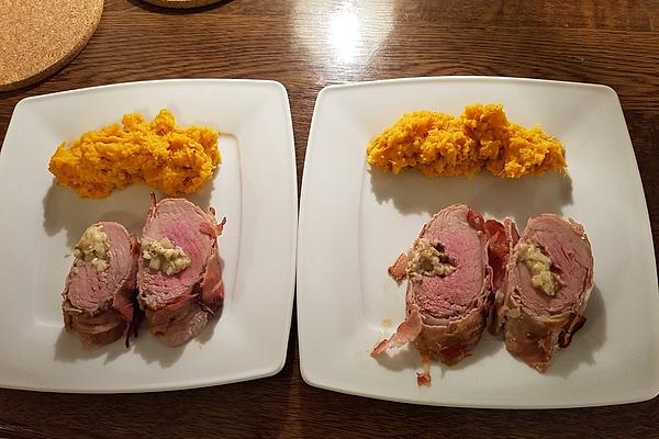 Stuffed Pork Fillet Wrapped in Bacon with Mashed Sweet Potatoes