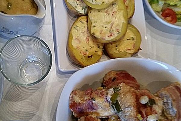 Stuffed Potatoes with Pork Medallions and Salad