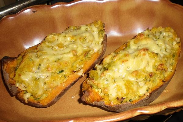 Stuffed Sweet Potatoes with Peas and Cheese