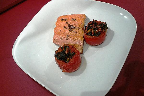 Stuffed Tomatoes with Spinach, Oranges and Pine Nuts