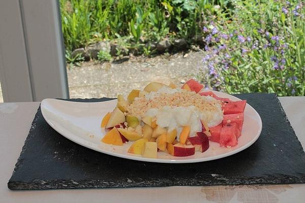 Summer Fruits with Couscous-yoghurt-honey-cream and Almond Slivers