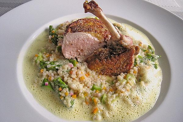 Supreme Of Guinea Fowl on Asparagus Barley Risotto with Champagne Sauce