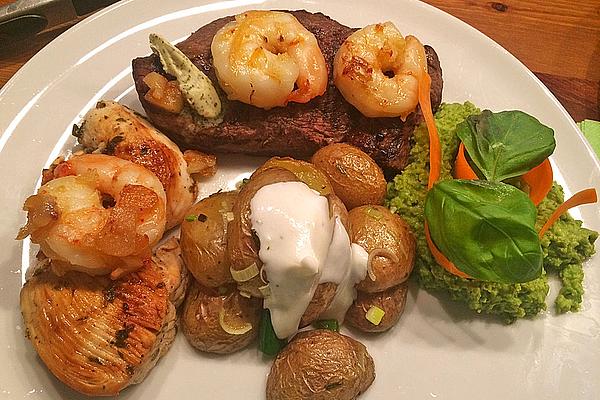 Surf and Turf Mix with Rosemary Potatoes and Pea Puree