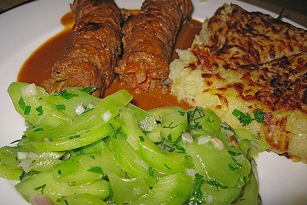 Swedish Beef Roulades with Potato Pie and Cucumber Vegetables