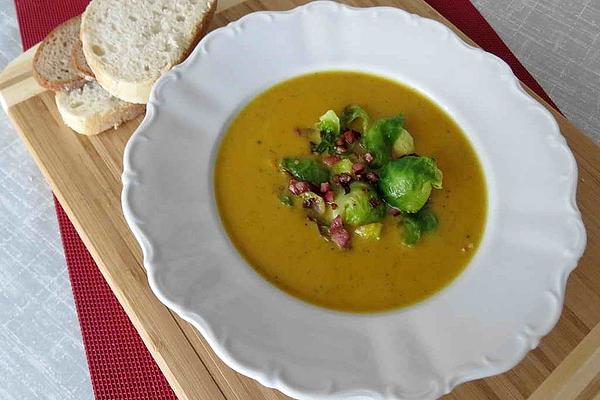 Sweet Potato and Carrot Soup with Brussels Sprouts and Bacon Topping
